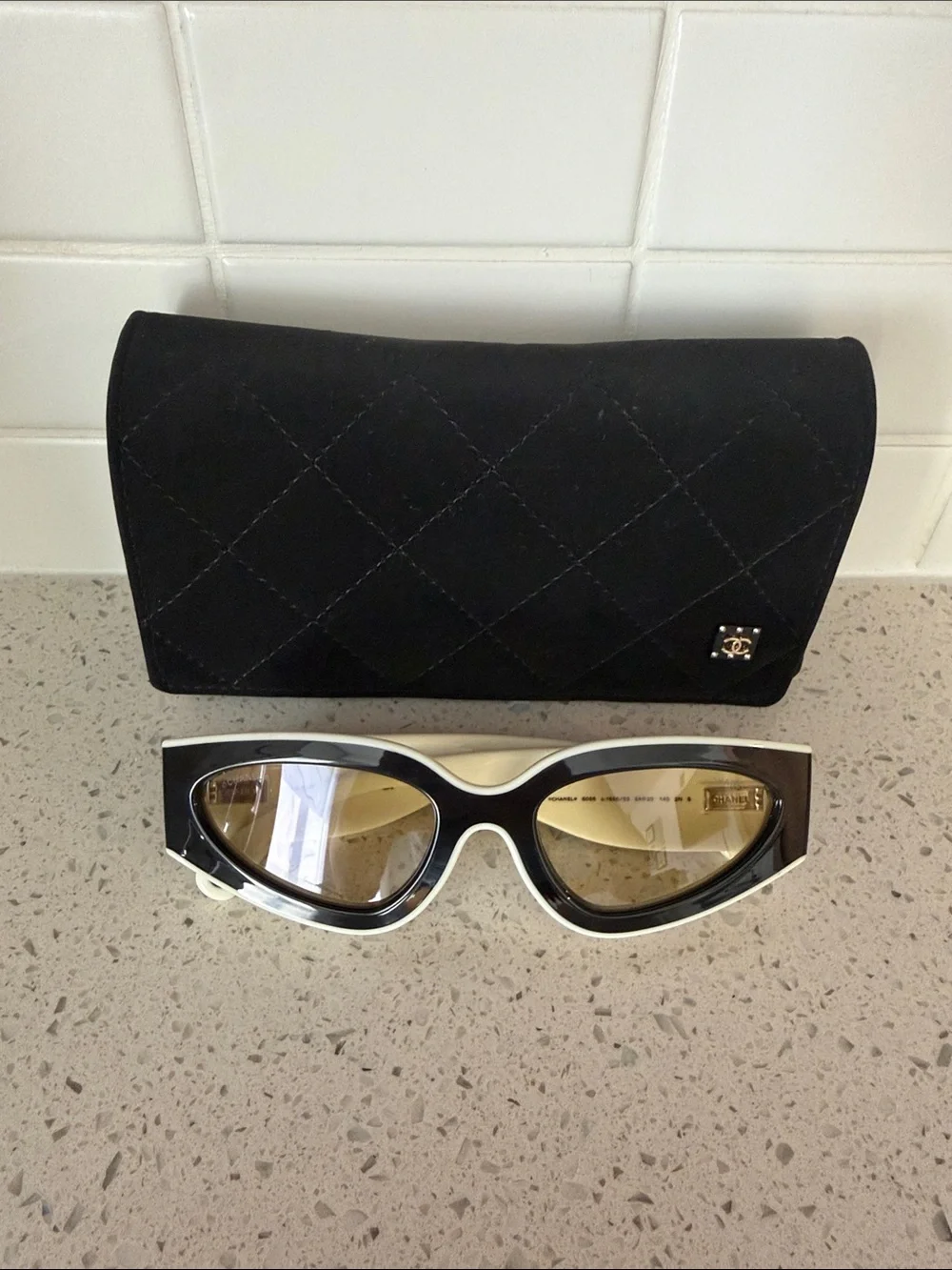 CHANEL Black and White Cat-Eye Sunglasses with Brown Lenses